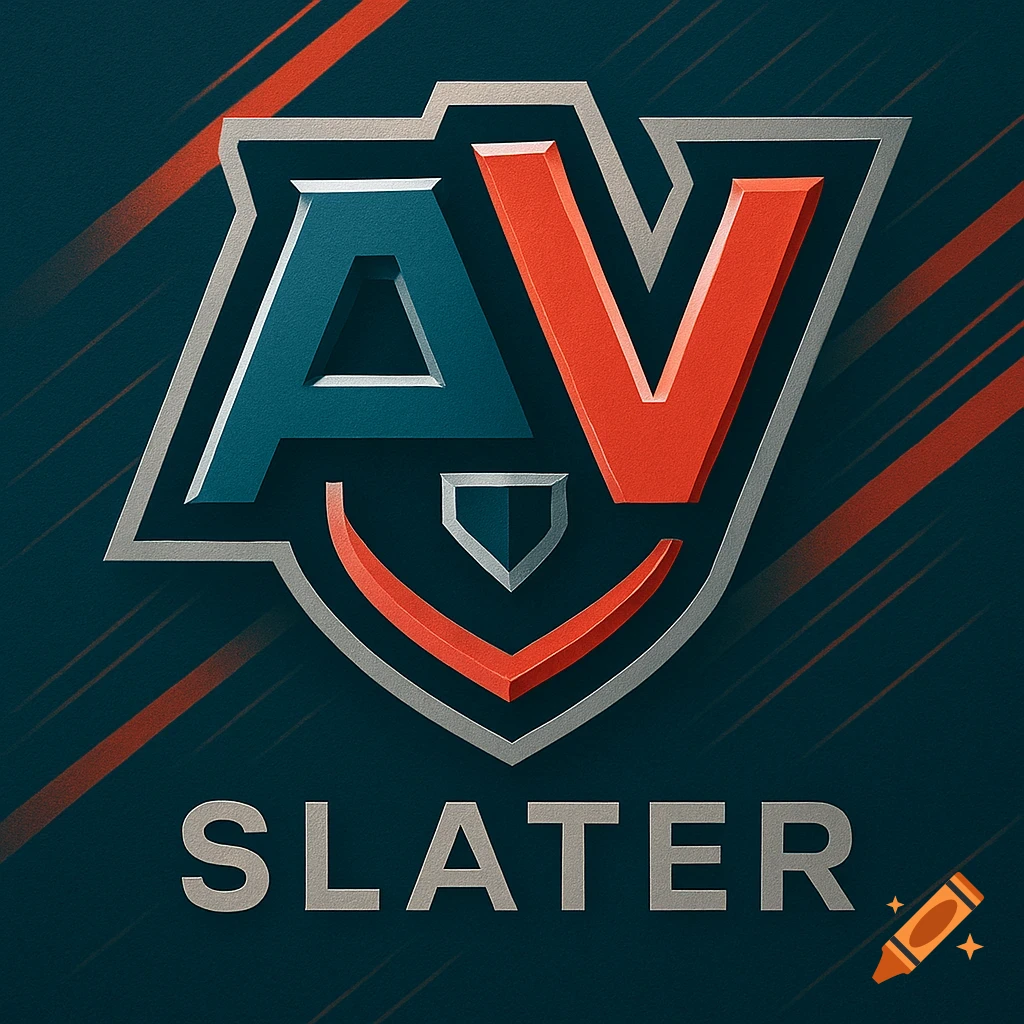 A logo featuring stylized blue 'A' and red 'V' letters within a shield, with 'SLATER' below, on a dark background with red stripes.