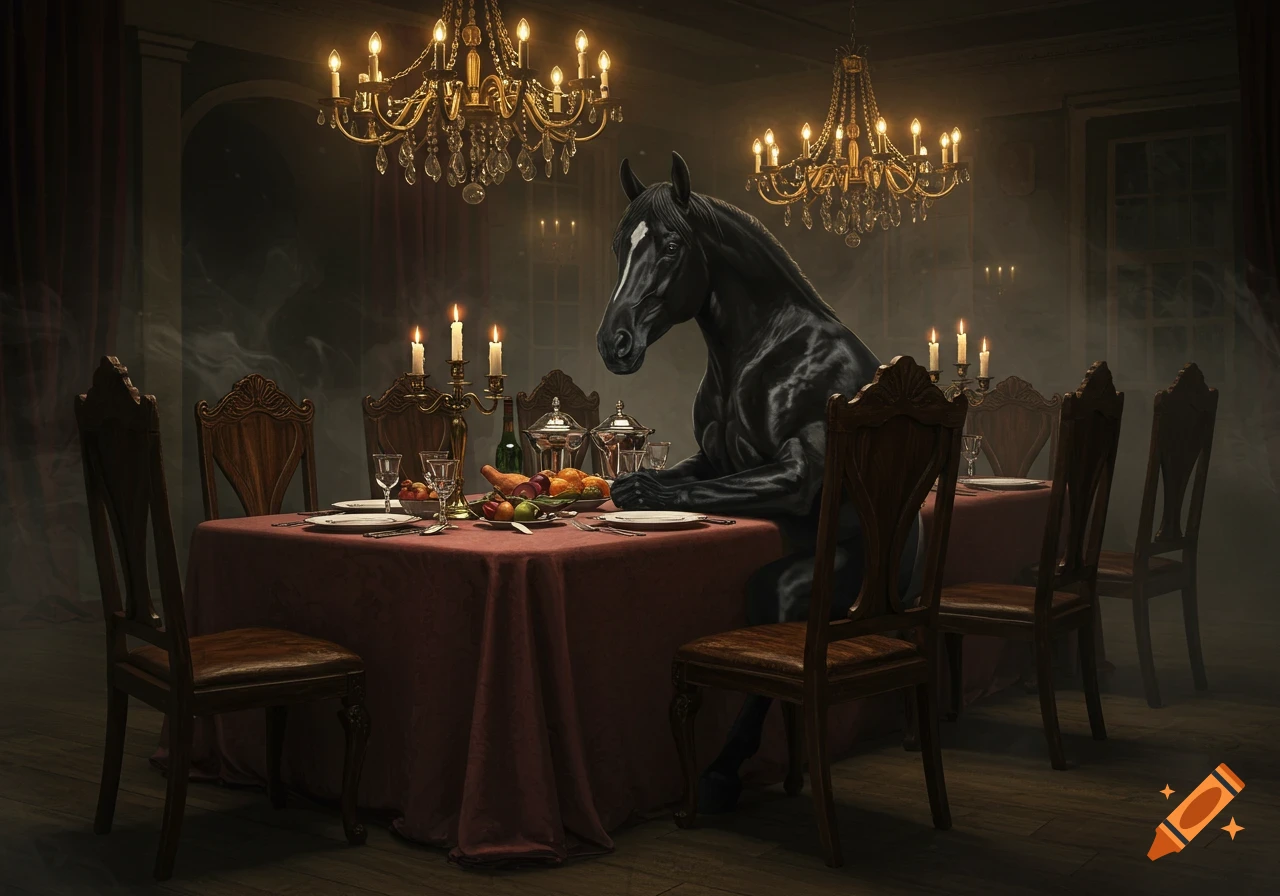 A mysterious, buff black horse with human-like arms sits at a dim-lit formal dinner table in a grand room with chandeliers.