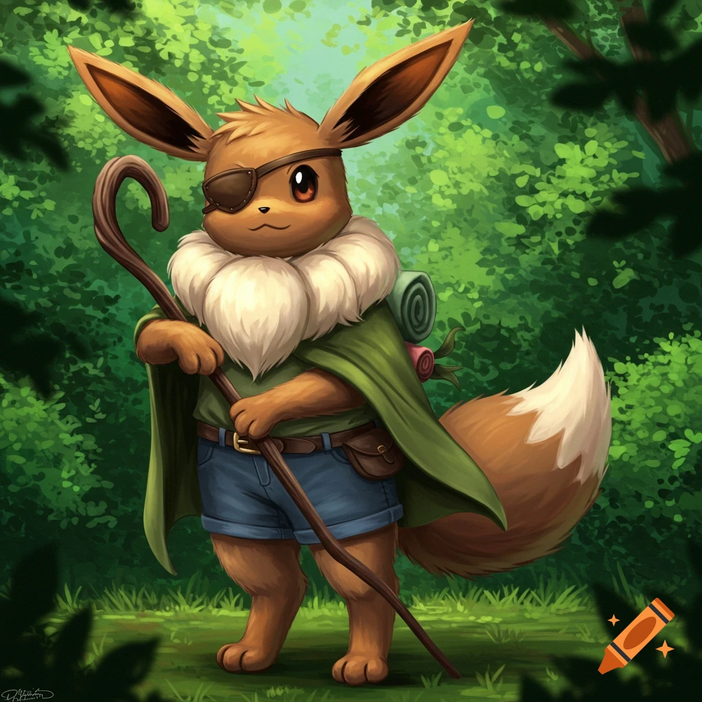 An anthropomorphic Eevee wearing an eyepatch, green cloak, and blue shorts, holding a walking stick in a green forest.