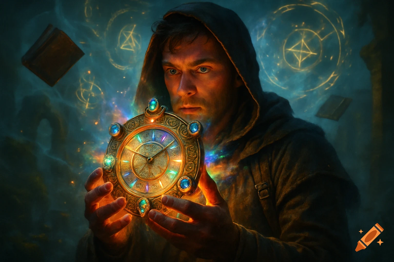 A man in a dark hooded cloak holds a glowing, ornate golden time-telling talisman with glowing gems, surrounded by mystical energy and symbols. Hyperrealistic.