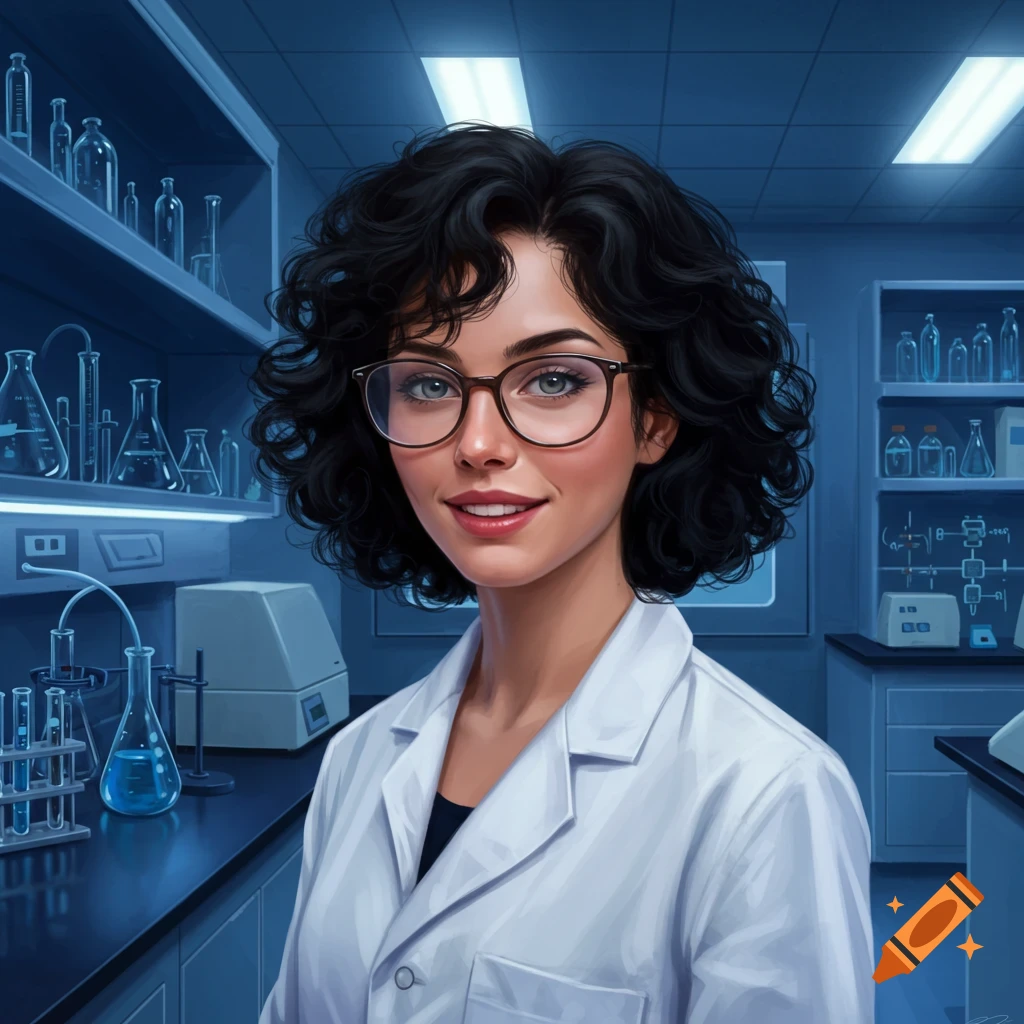 A smiling woman with curly hair and glasses in a lab coat stands in a laboratory.