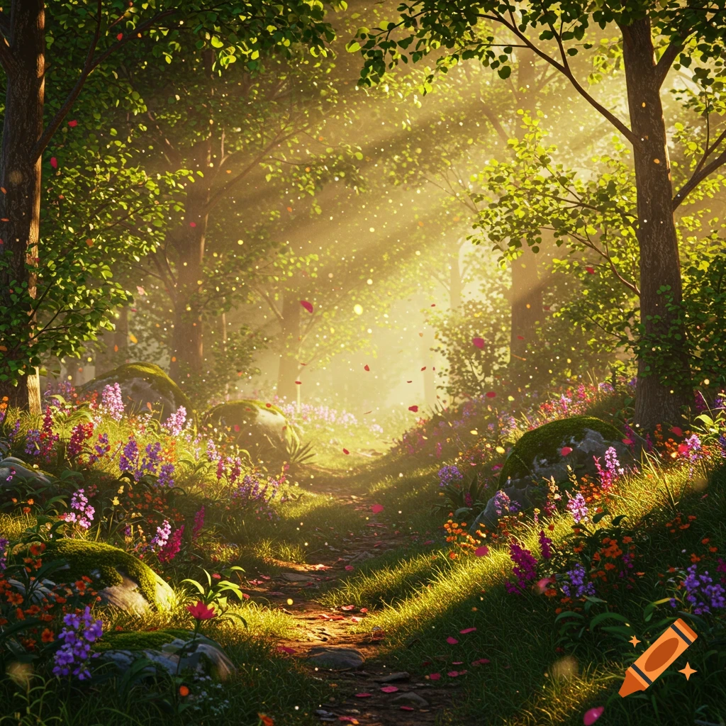 A whimsical forest path bathed in golden sunlight, with abundant colorful flowers and shimmering light particles.