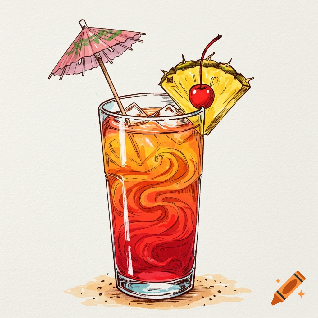 Sketch of a Bahama Mama cocktail with a paper umbrella, pineapple slice, and cherry.