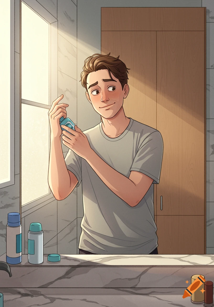 A cartoon illustration of a young man holding a deodorant stick and checking it in a sunlit bathroom.