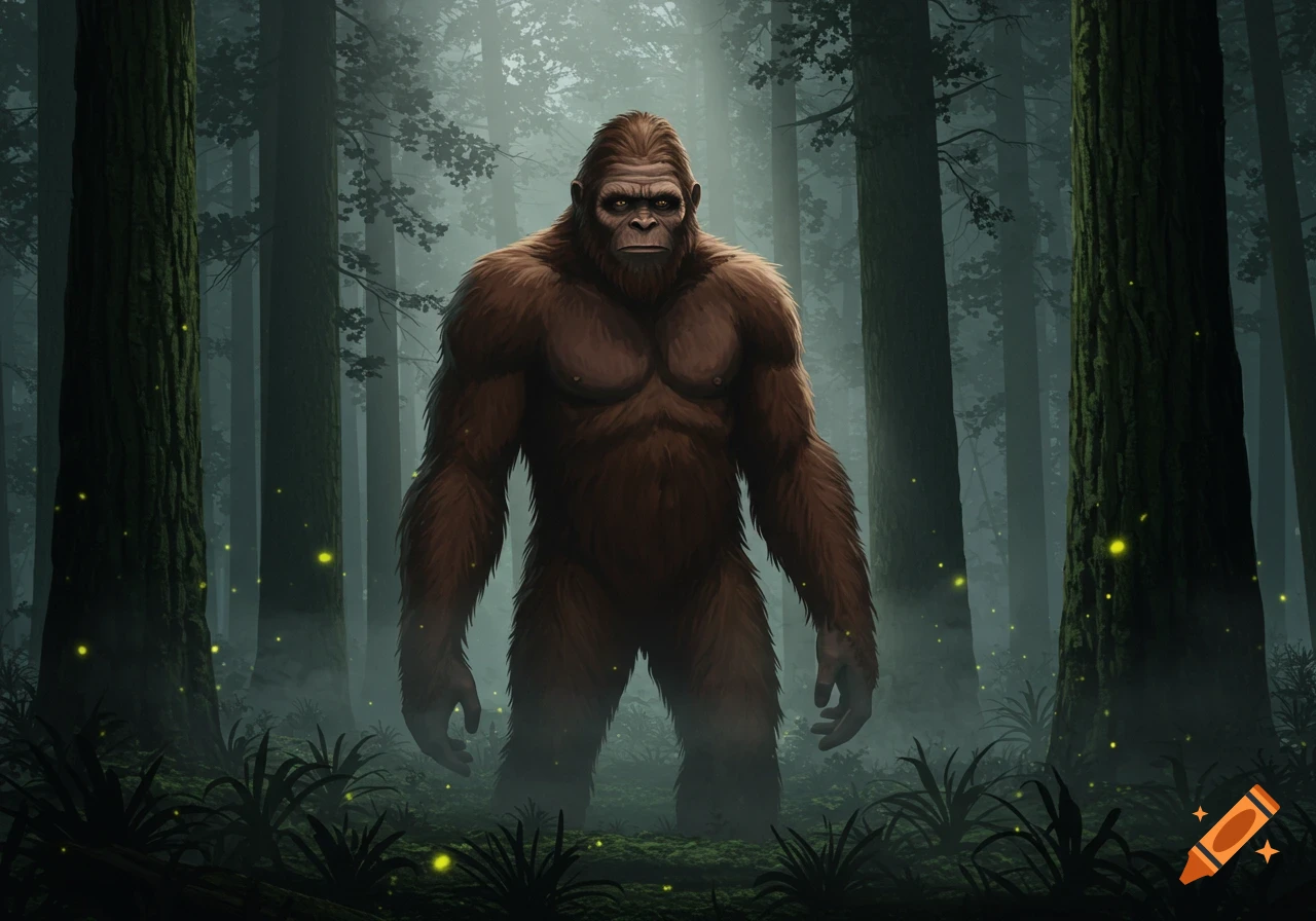 A large, hairy Bigfoot stands in a dark, foggy forest with glowing lights.