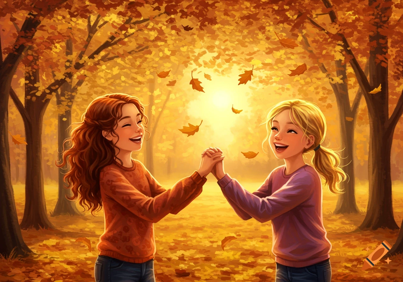 Two happy girls holding hands in a sunlit autumn forest with falling leaves, illustration.