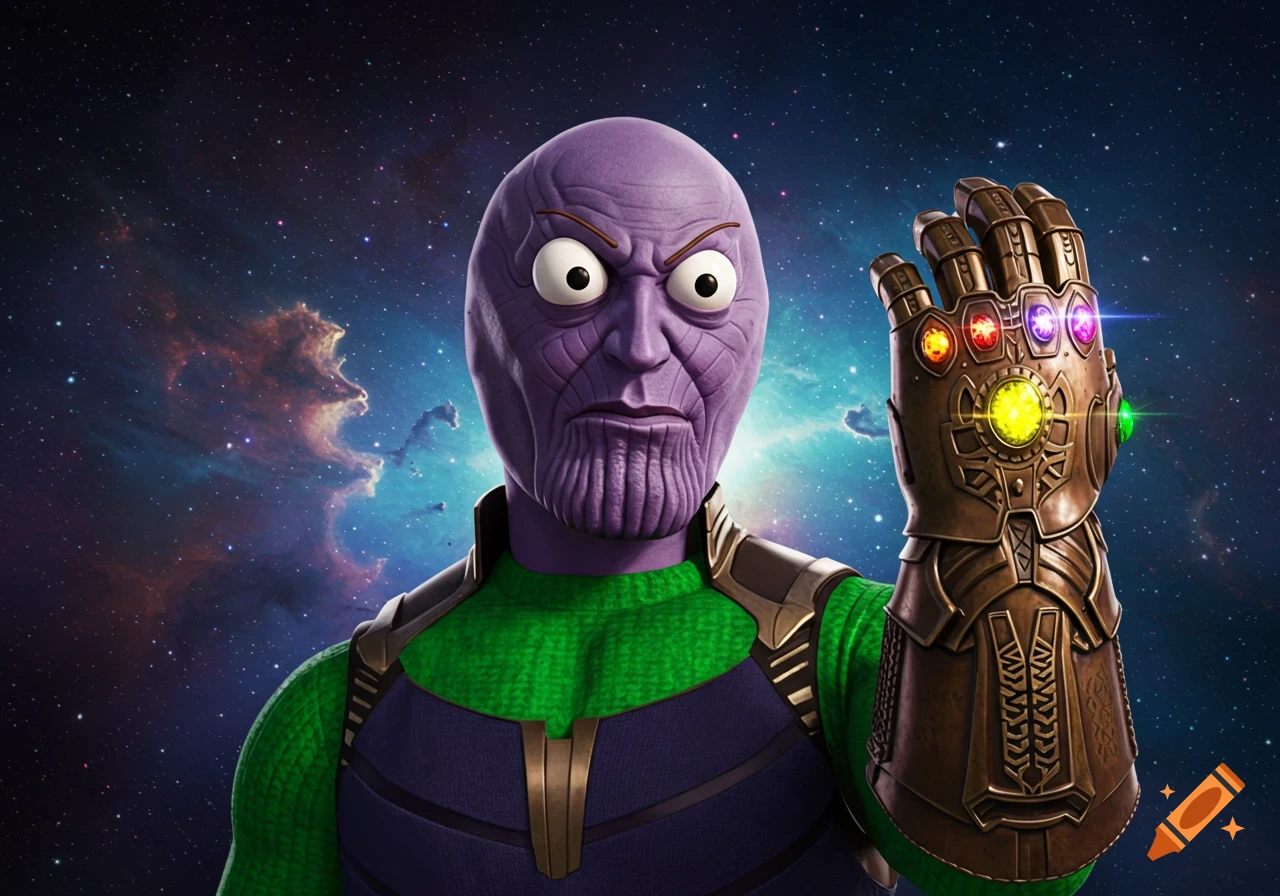A purple-skinned character with large cartoon eyes and a textured chin, resembling Baldi from Baldi's Basics, wears Thanos's armor and Infinity Gauntlet against a starry cosmic background.