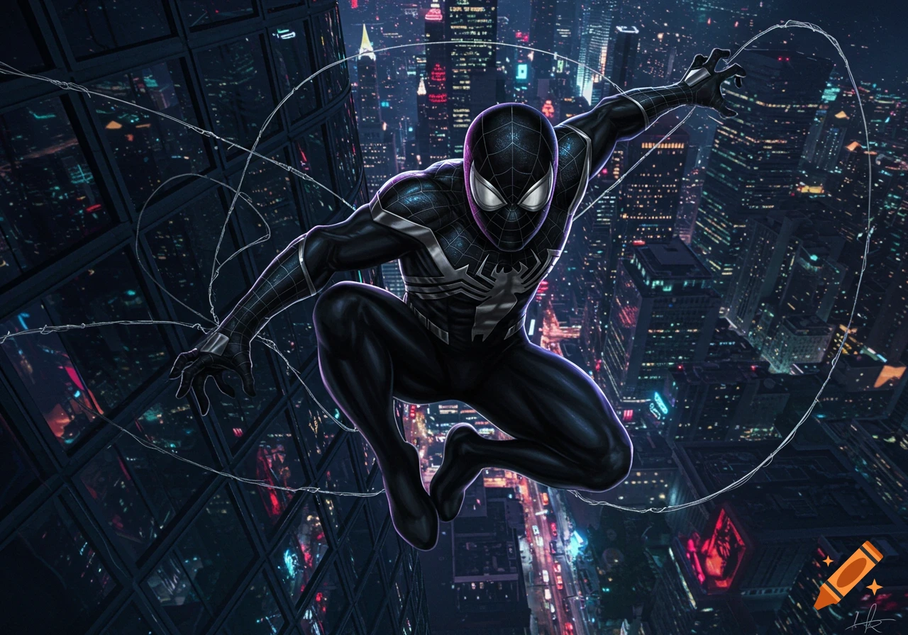 Spider-Man in a black suit with a white spider symbol crouches while web-slinging between tall buildings in a neon-lit city at night.