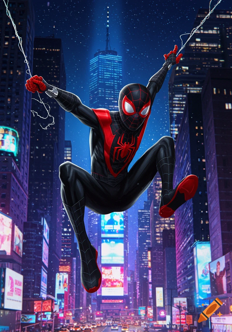 Miles Morales in his black and red Spider-Man suit swings through a vibrant, neon-lit city at night.