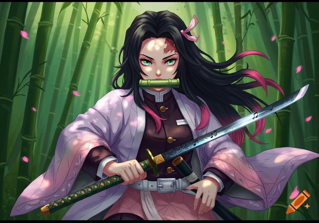 An anime girl with black hair and pink ombr es, green eyes, holding a sword with musical notes, in a bamboo forest.