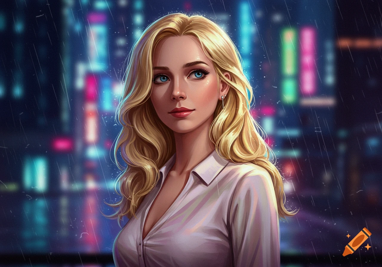 An anime-style portrait of a blonde woman with blue eyes wearing a white shirt, standing in the rain at night with blurred city lights in the background.