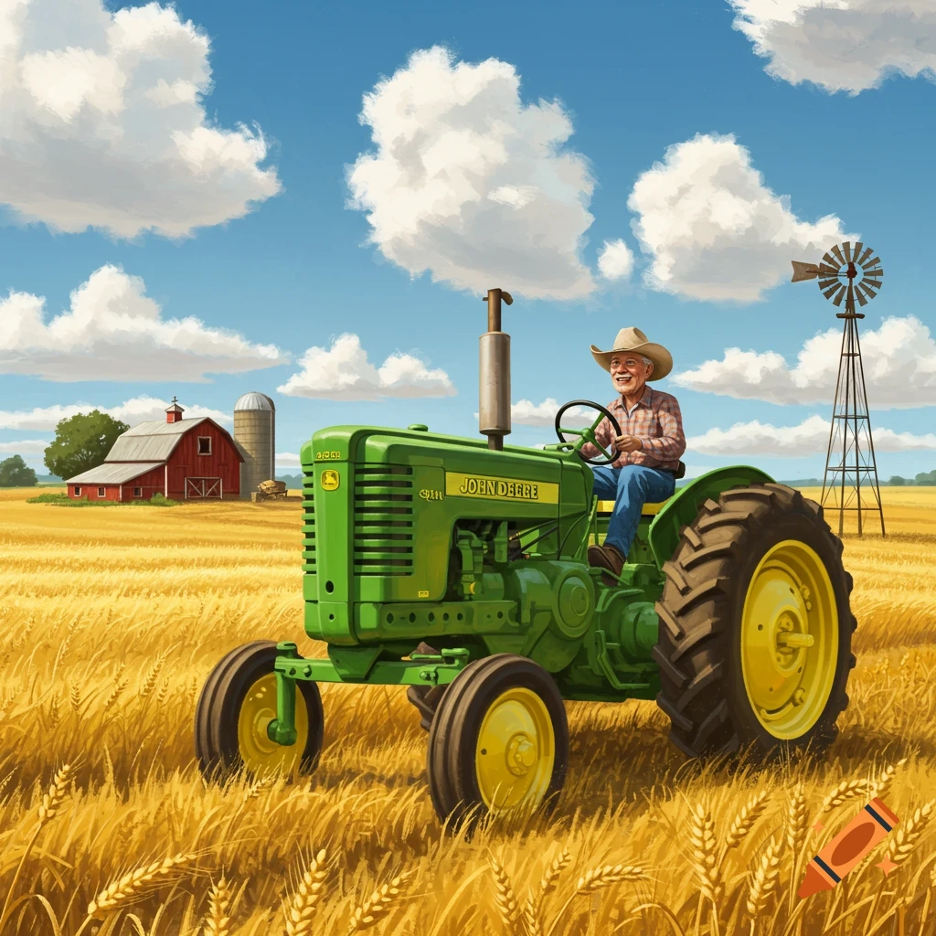 Smiling man in a cowboy hat drives a green John Deere tractor through a golden wheat field, with a red barn and windmill in the background. Illustrated style.