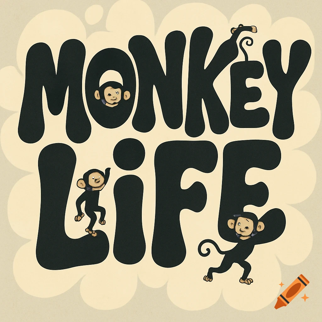 Stylized black text 'MONKEY LIFE' with cartoon monkeys integrated into and around the letters, set against a light, cloud-like background.