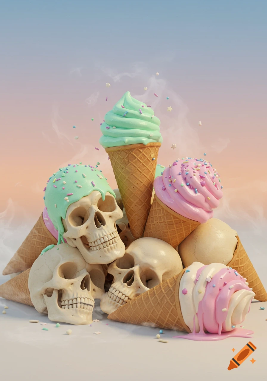 A pile of stylized human skulls intertwined with mint green and pink ice cream cones, topped with sprinkles.