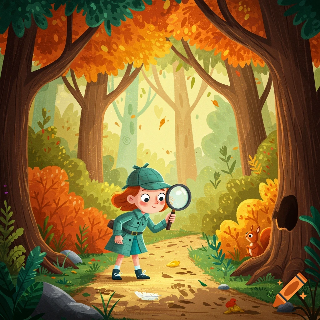 A cartoon kid detective in a green coat and hat uses a magnifying glass to examine footprints on a dirt path in a colorful autumn forest.