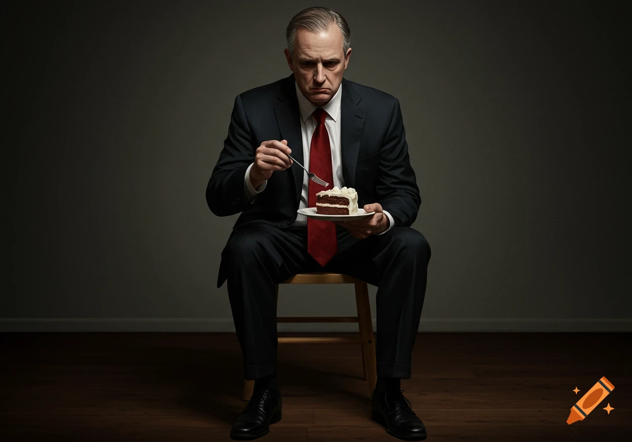 A sad man in a dark suit eats a slice of white frosted cake with a fork while seated on a small chair.