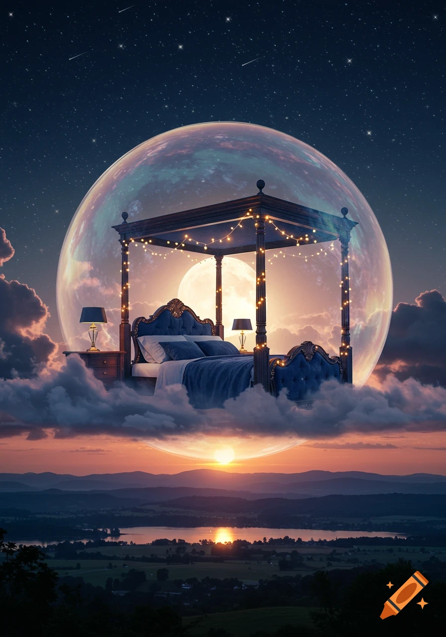 A regal blue bed with string lights floats in clouds inside a giant iridescent bubble, with a starry night sky, full moon, and a sunset over mountains and a lake.