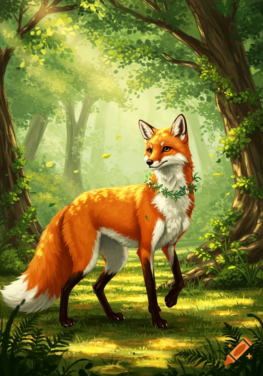 An illustrated orange fox with a white chest and tail stands in a sunlit forest, wearing a green leaf wreath.