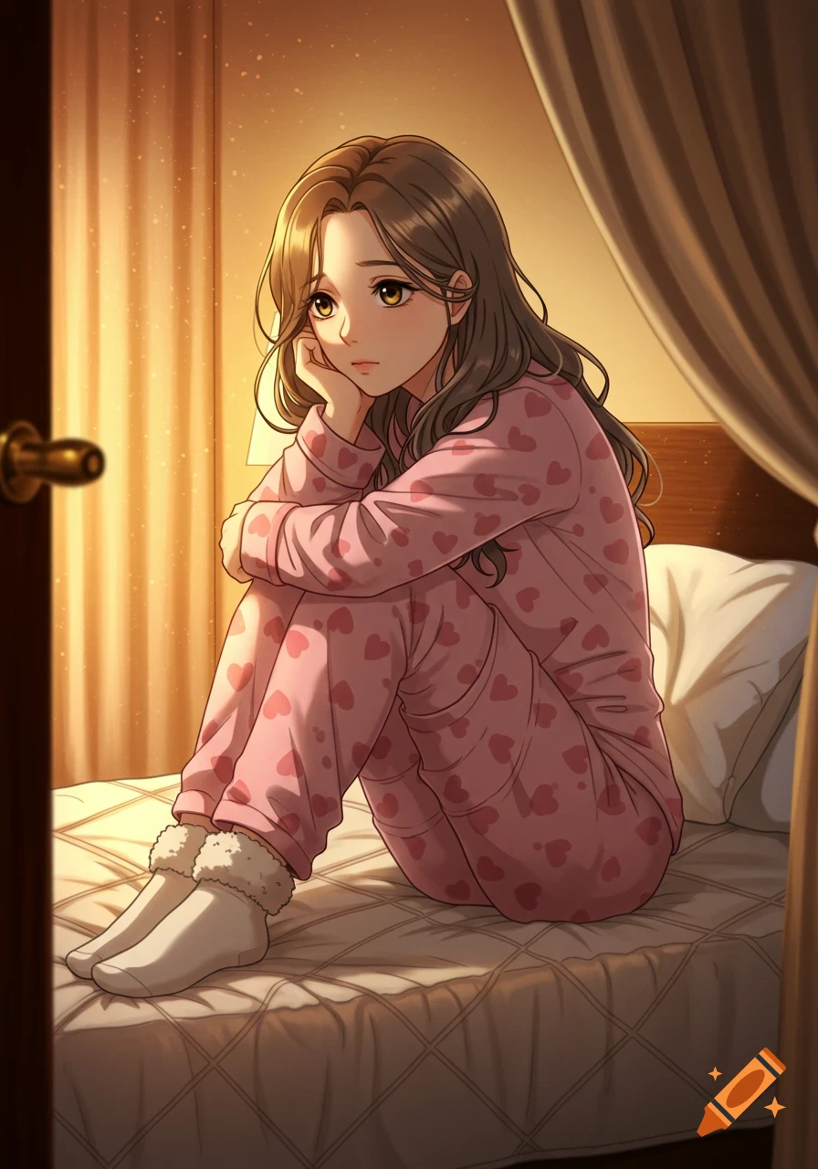 Anime illustration of a thoughtful young woman with long brown hair and amber eyes, wearing pink heart pajamas and white socks, sitting on a bed in a warm bedroom.