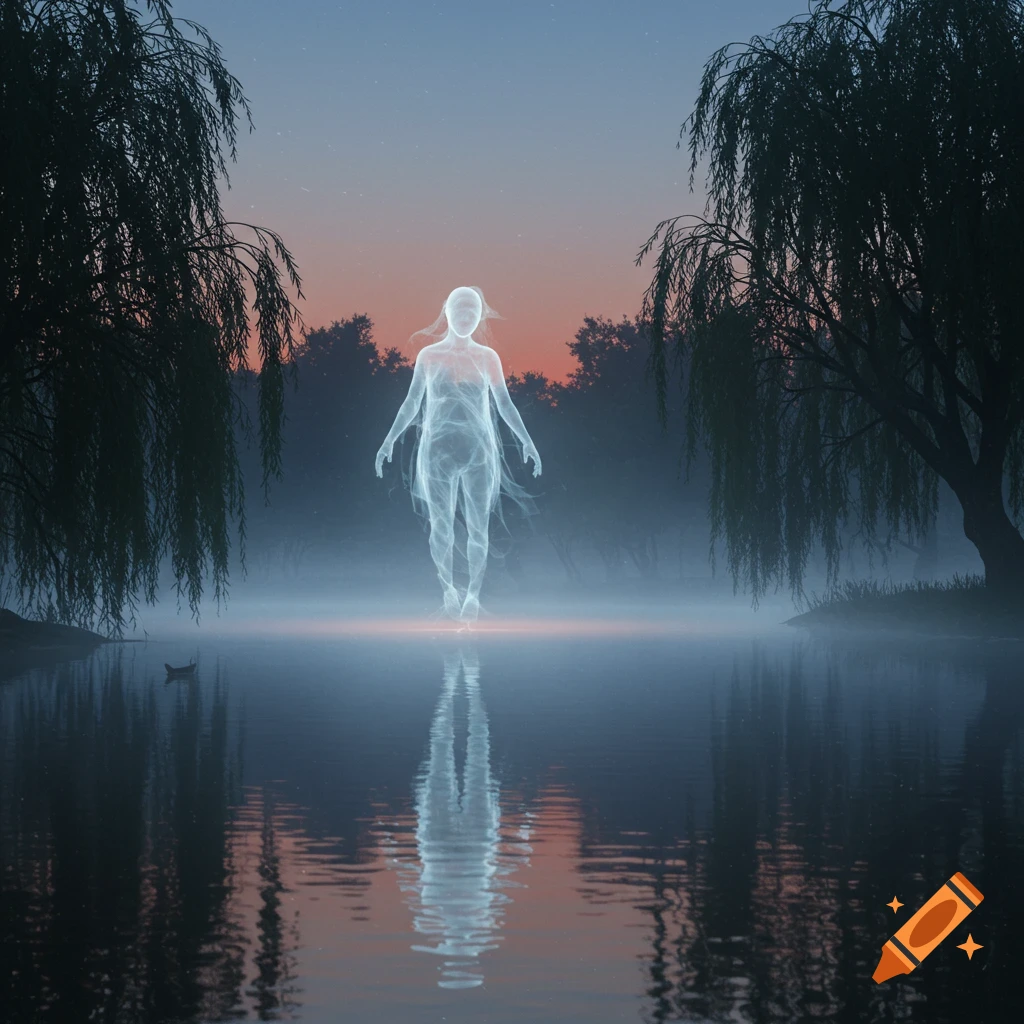 A glowing, ethereal human-like figure floats above a still lake at dusk, surrounded by dark willow trees.