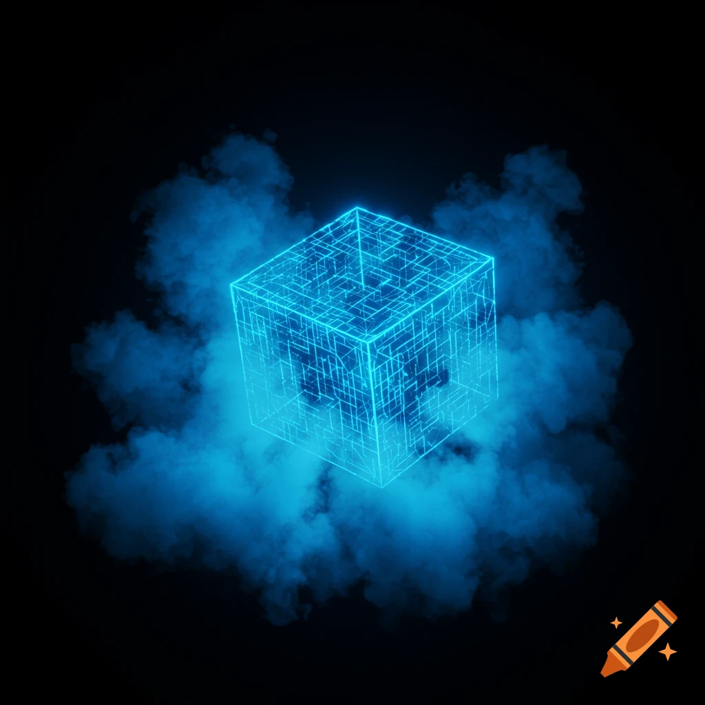 A glowing blue wireframe cube enveloped in blue mist against a dark background, digital art style.