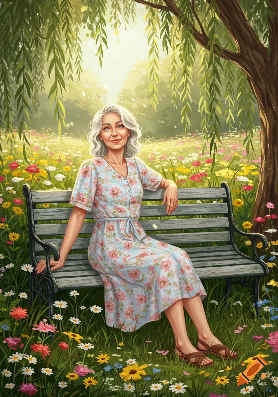 An illustration of a senior woman with white hair sitting on a park bench in a vibrant flower garden under a willow tree.