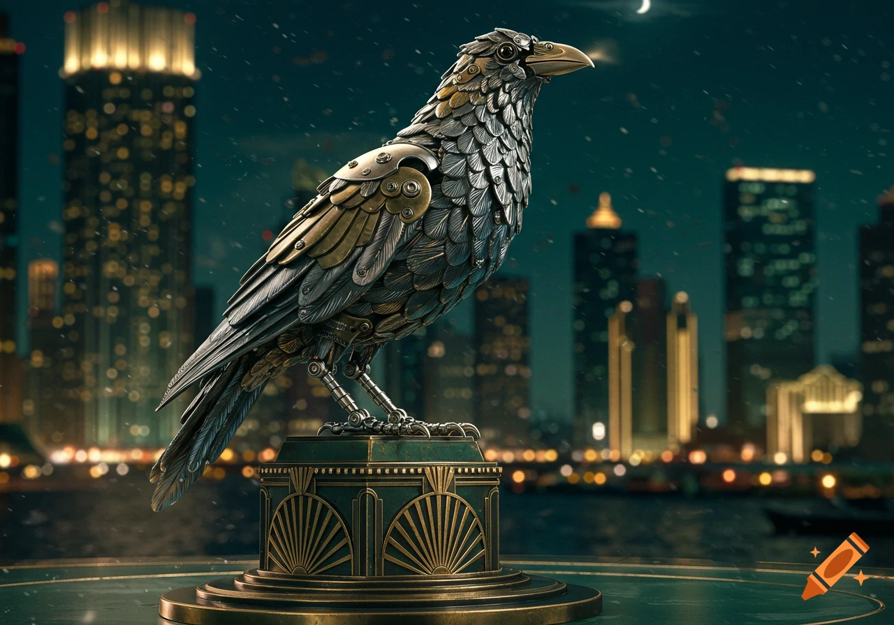 A detailed Art Deco metallic crow statue stands against a blurry, illuminated city skyline at night.