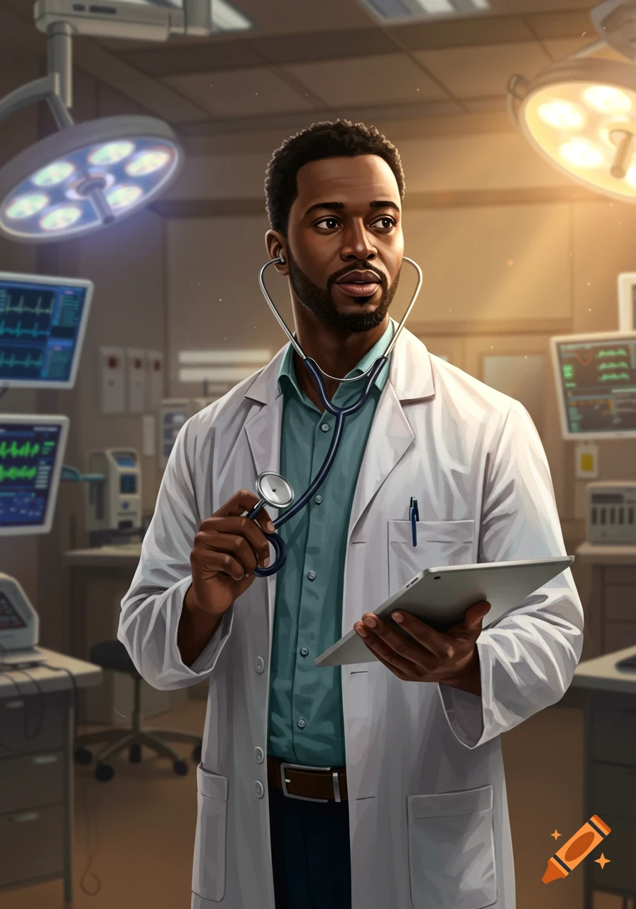 A Black male doctor in a white lab coat holds a stethoscope and tablet in a brightly lit medical room, illustrated digitally.