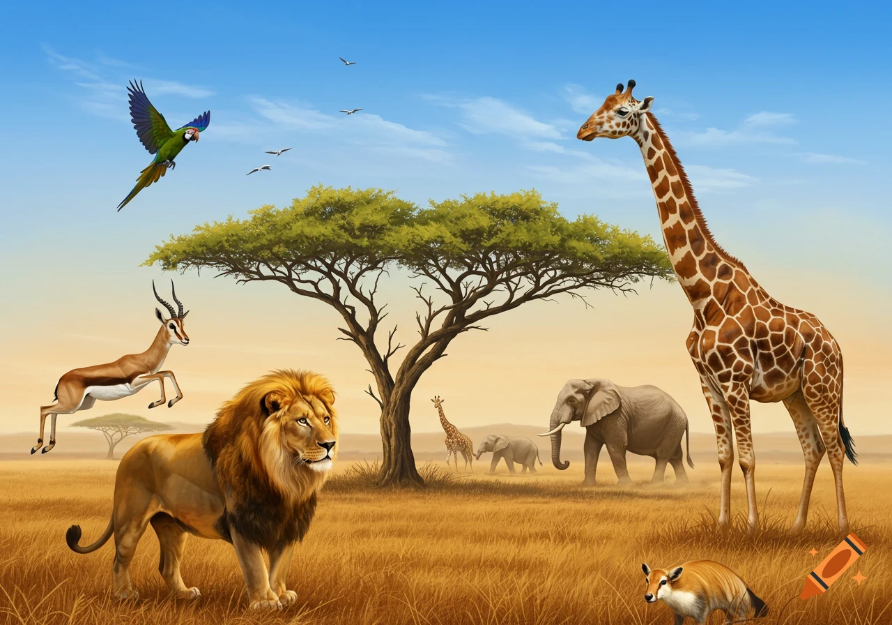 An illustrated safari scene featuring a lion, a giraffe, elephants, a gazelle, and a parrot in a grassy savanna with an acacia tree.