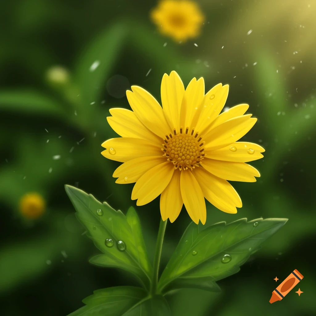 A close-up, detailed illustration of a bright yellow flower with water droplets on its petals and green leaves, against a soft, blurred green background.