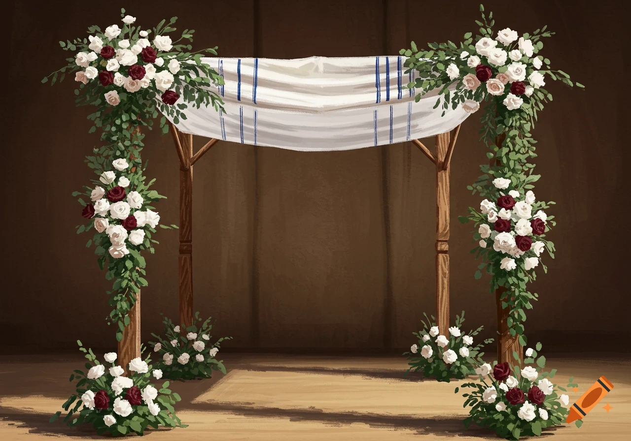 A beautifully decorated Jewish wedding chuppah with white, cream, and burgundy flowers, green foliage, and a striped tallis.