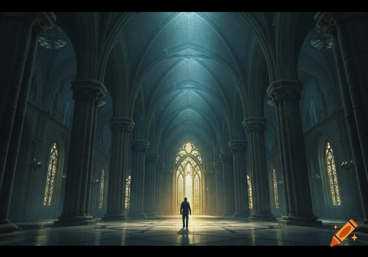 A lone figure walks towards a brightly lit arched window in a vast, dark gothic cathedral with tall columns and stained glass.