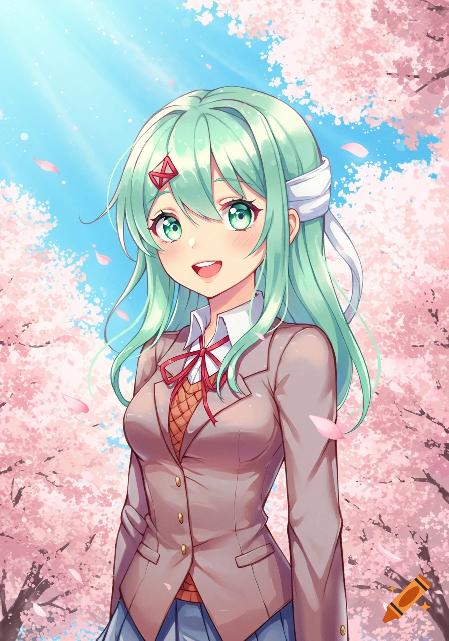 Anime girl with mint green hair and green eyes smiling, wearing a school uniform, standing amidst pink cherry blossoms under a blue sky.