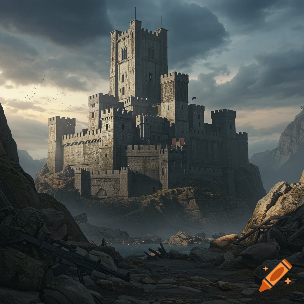 A massive stone castle fortress on a rocky coast under a cloudy sky, with a military rifle in the foreground.