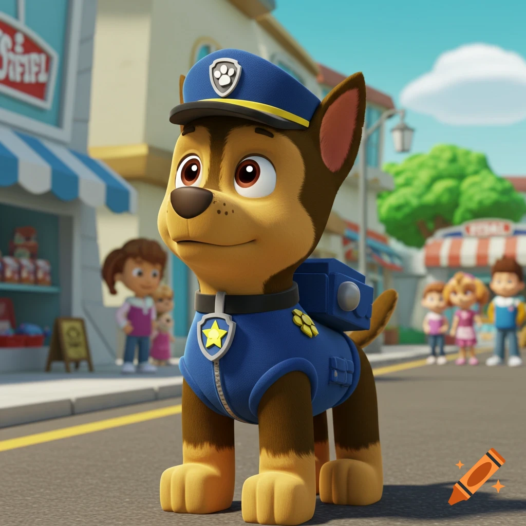 A 3D animated brown and tan police dog wearing a blue uniform and cap stands on a street with blurred buildings and children in the background.