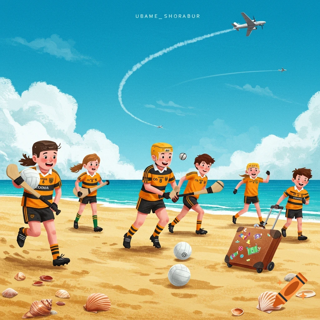 Colorful illustration of children in sports gear playing Camogie and Gaelic football on a sunny beach, with an airplane flying overhead and a child pulling a suitcase.