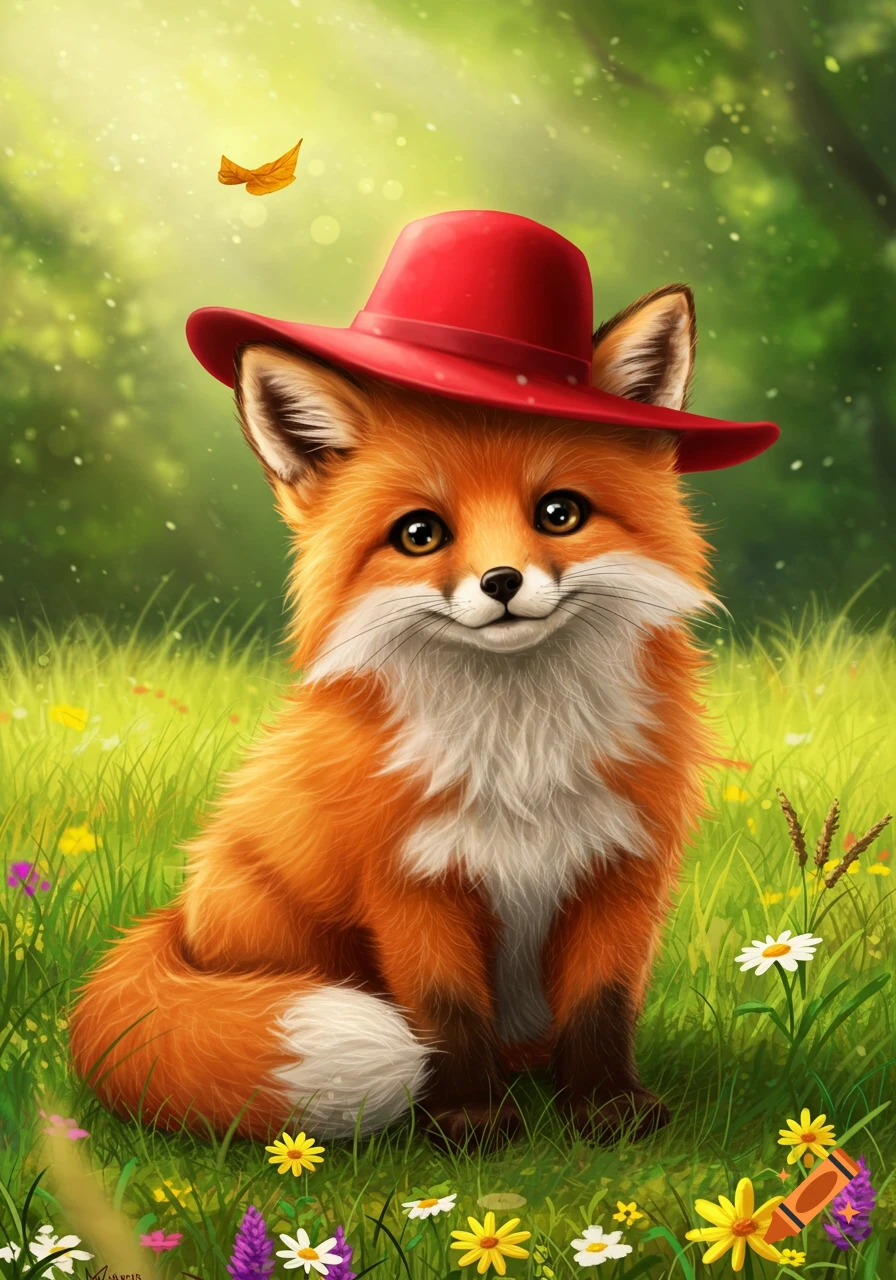 A fluffy, orange fox wearing a red hat sits in a sunny green meadow filled with wildflowers.