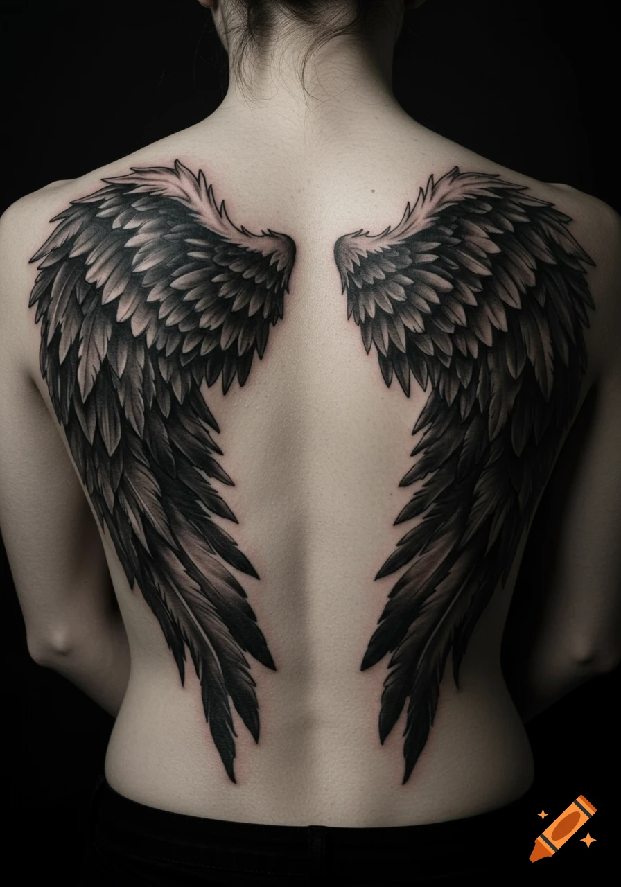 Detailed black ink angel wing tattoos on a person's back, set against a dark background.