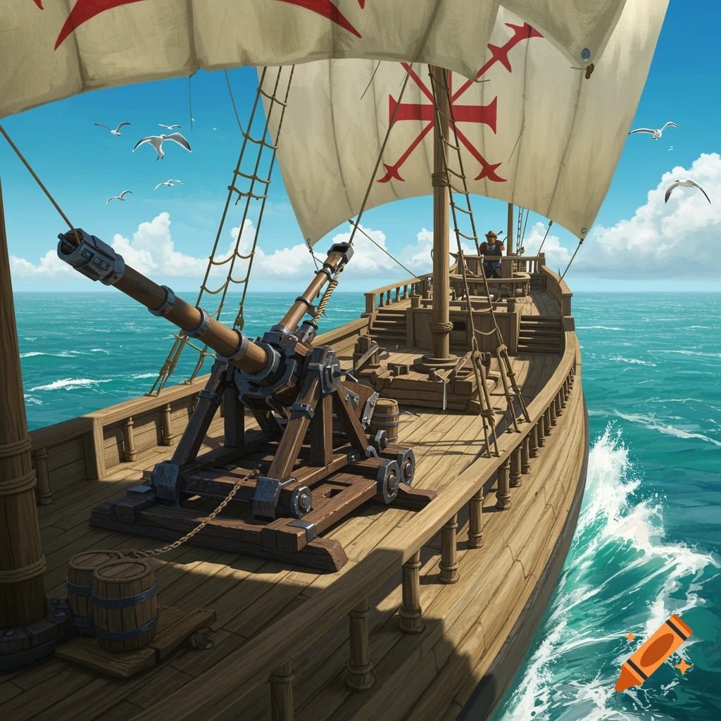 A caravel with a large cannon on its deck sails across a blue ocean under a clear sky.