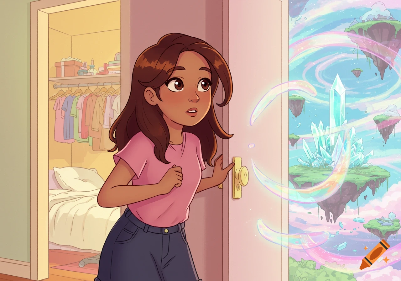 A cartoon teenage girl with brown hair and tan skin opens a closet door to reveal a magical dimension with floating islands and large crystals.
