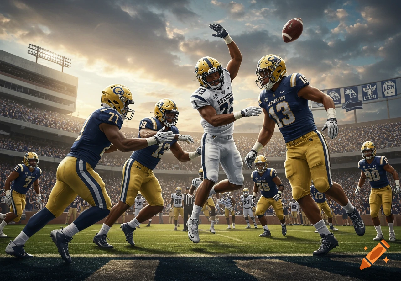 Photorealistic American football game with players in blue and gold vs white jerseys mid-play on a stadium field during sunset.