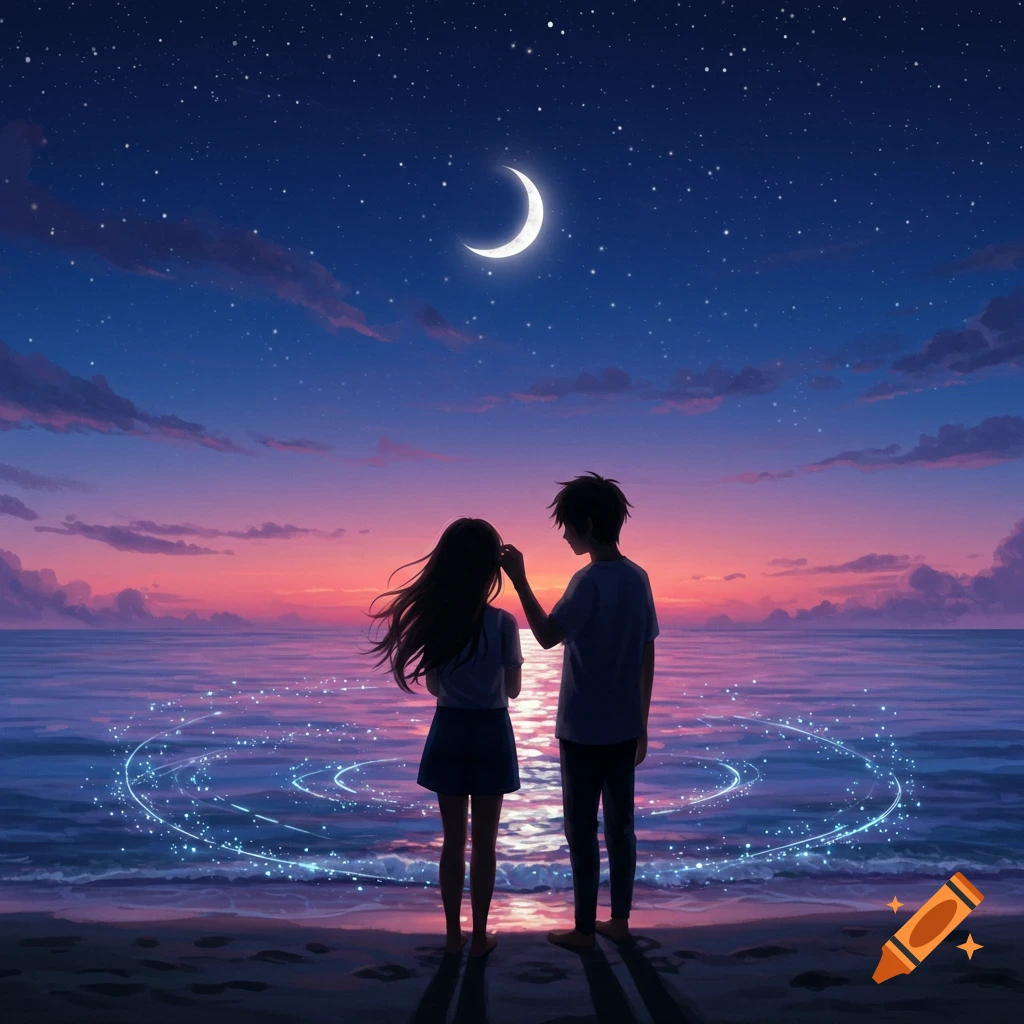 Anime illustration of a young couple standing at the water's edge on a beach under a starry, moonlit sky with glowing patterns in the water.