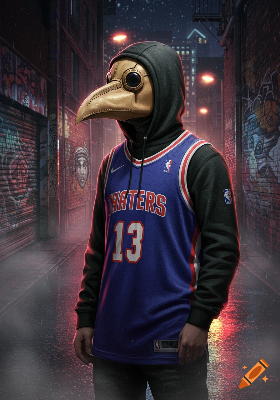 A figure in a plague doctor mask and a blue basketball jersey with 'HATERS 13' stands in a graffiti-filled urban alley at night.