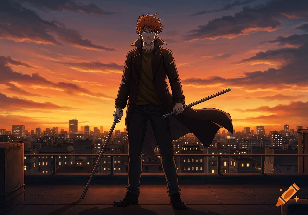 An anime man with orange hair and a broken cane stands on a rooftop overlooking a city at sunset.