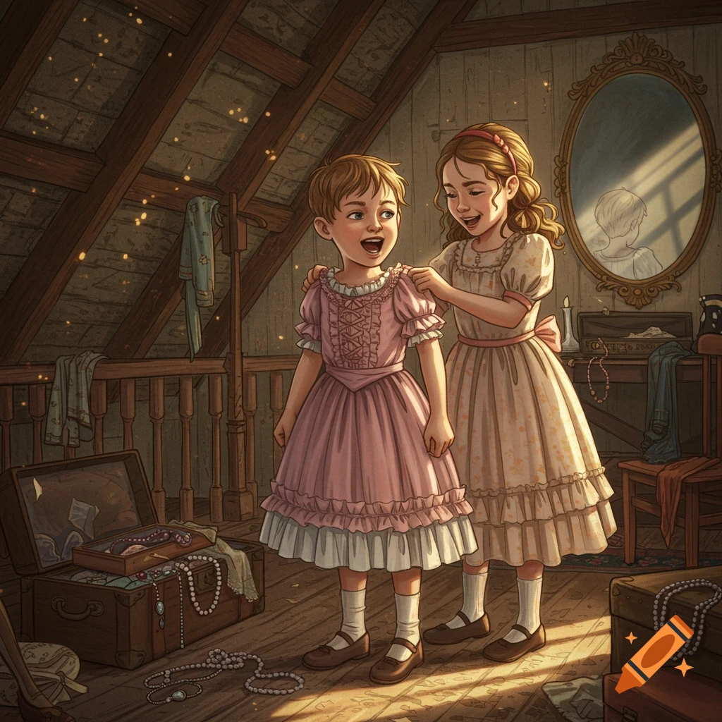 Two smiling children, one in a pink dress, play dress-up in a sunlit attic filled with old trunks and furniture, in an illustrative style.