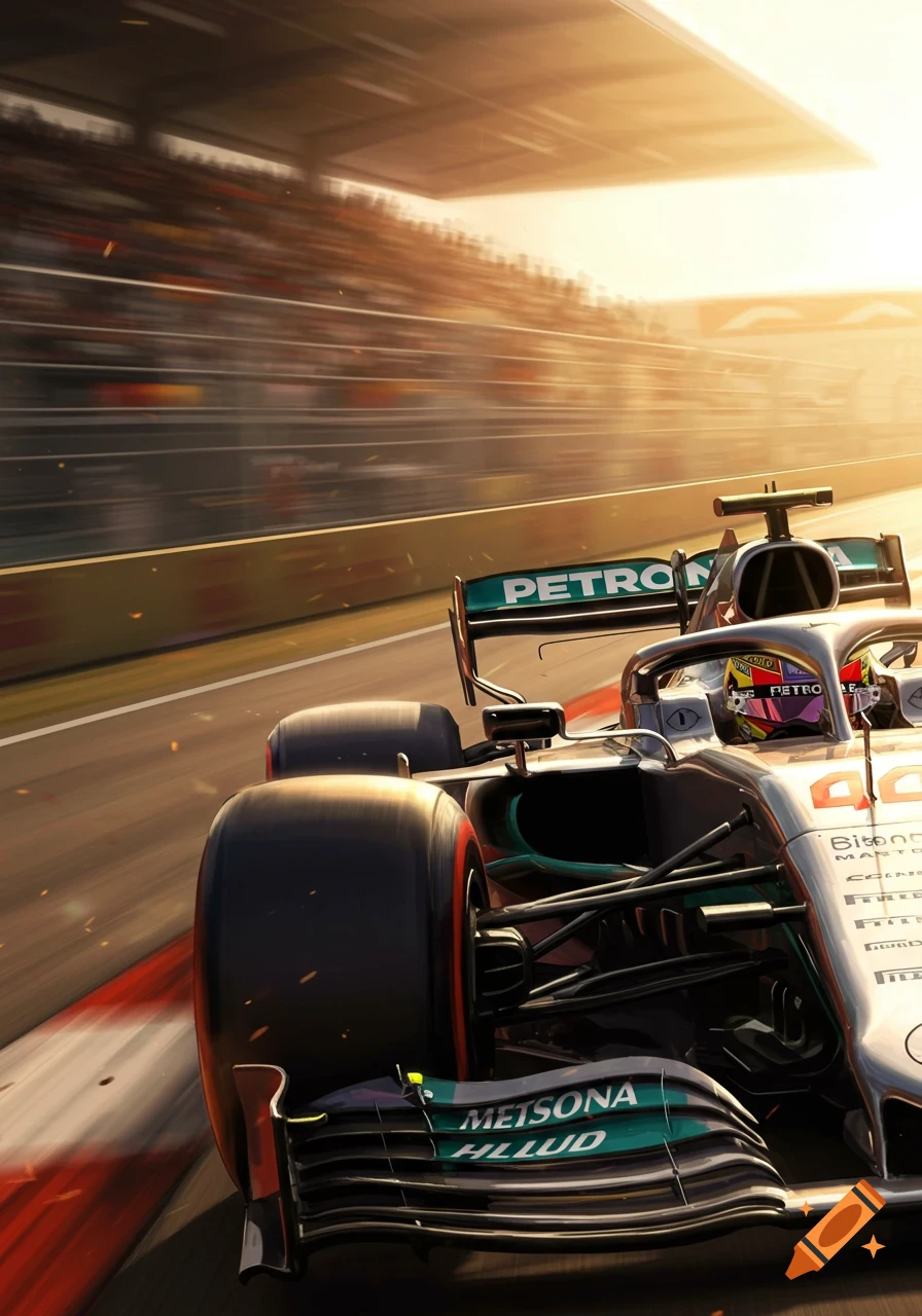 A Formula 1 race car with a driver speeds on a track, grandstands blurred in the background under a bright sun.
