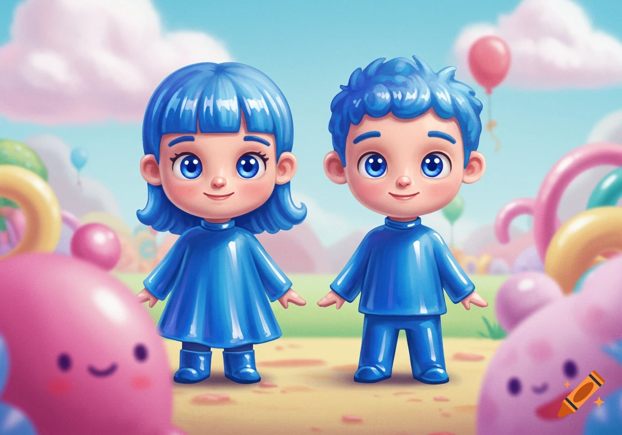 A cute cartoon boy and girl with blue hair and big blue eyes stand in blue outfits in a colorful, whimsical landscape with floating balloons and soft shapes.