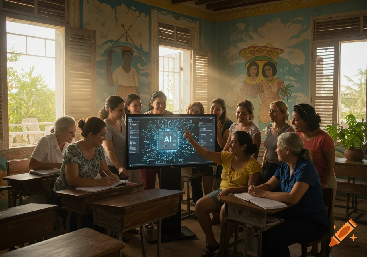 A group of women learn about AI, gathered around a large screen displaying an AI chip diagram in a bright classroom.