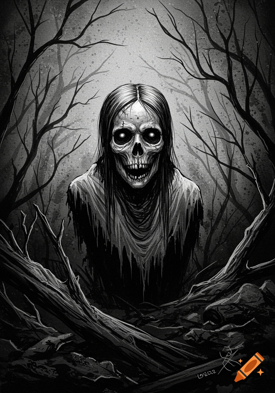 A black and white sketch of a terrifying zombie-like creature with glowing eyes and long hair, surrounded by dark, twisted tree branches.