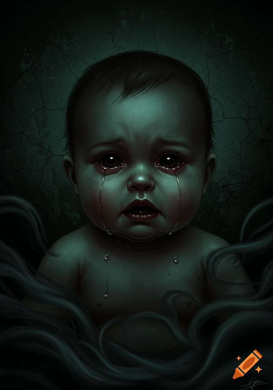 Close-up portrait of a crying baby with dark, bloodshot eyes and tears, against a cracked dark background.